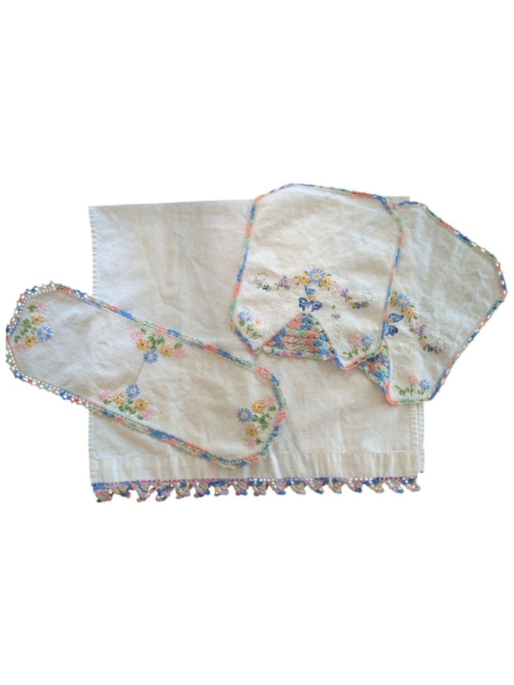 Vintage 1940s Hand-Embroidered Vanity Dresser Set 4 Piece